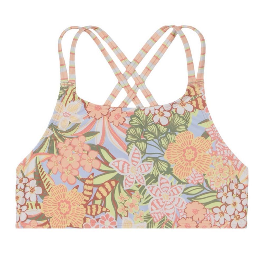 NWT Roxy Orange Sporty Floral Tropical Bikini Top Crisscross Straps Girls 16